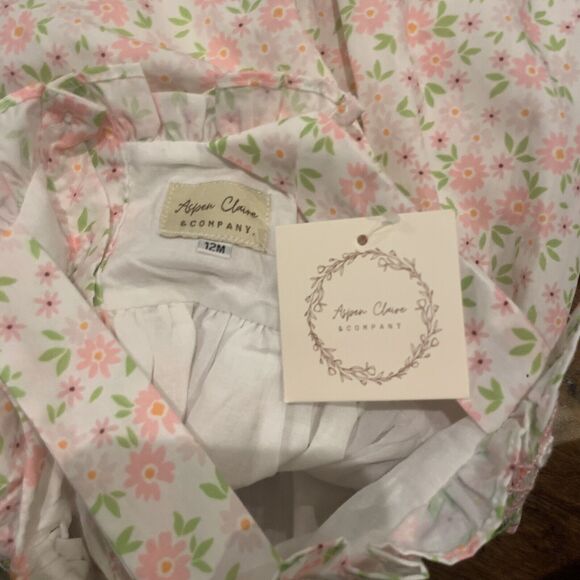 Aspen claire & Company Floral Smocked Dress White Pink Green Size 12 Months New - Picture 5 of 7